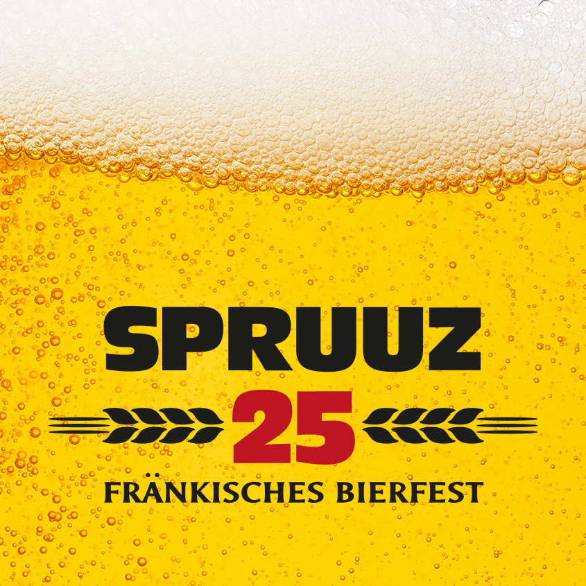Logo SPRUUZ 25 Fränkisches Bierfest; Hintergrund goldgelb sprudelndes Bier mit Schaumkrone, Text: schwarz, nur 25 tiefrot; rechts/links horizontal Ährengrannen schwarz