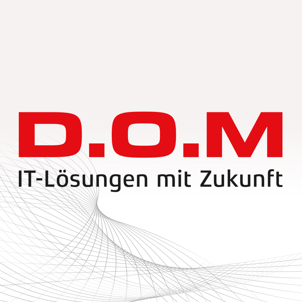 Logo IT-Unternehmen D.O.M; Schrift DOM geometrisch fett, rot; darunter Subline "IT-Lösungen mit Zukunft", Schrift modern geometrisch, schwarz, medium; Hintergrund hellgrau mit Op-art Gitterstruktur grau im unteren Bereich