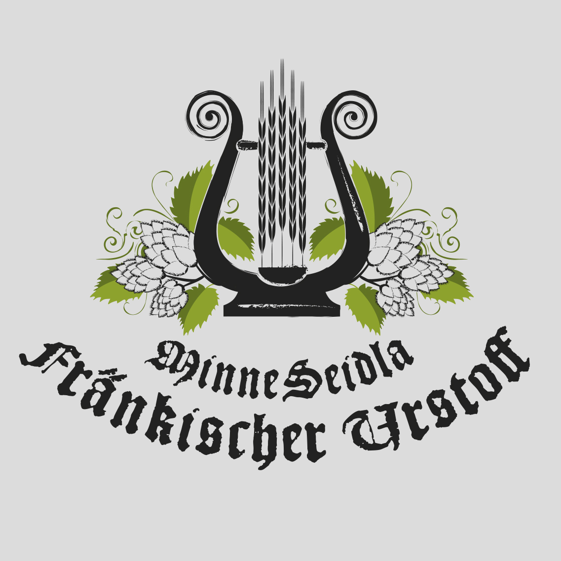 Logo "MinneSeidla" für Festbierkrug Fränkisches Bierfest Nürnberg; illustrierte schwarze Lyra umgeben von Hopfen, darunter Text: MinneSeidla, Fränkischer Urstoff in Frakturschrift schwarz