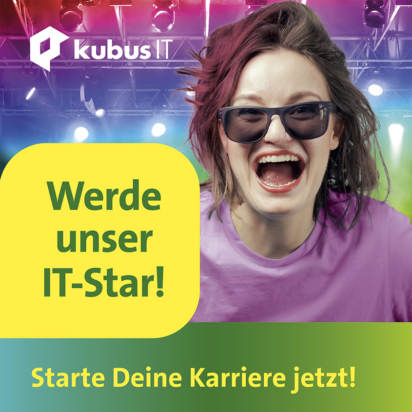 Teaser Quadrat Messeausstattung verlinkt; Ausschnitt LED-Display; lachende, flippige junge Frau mit cooler Sonnenbrille, wilder Frisur, pink T-Shirt, Hintergrund: Deckenstrahler pink, rot, blau, grün