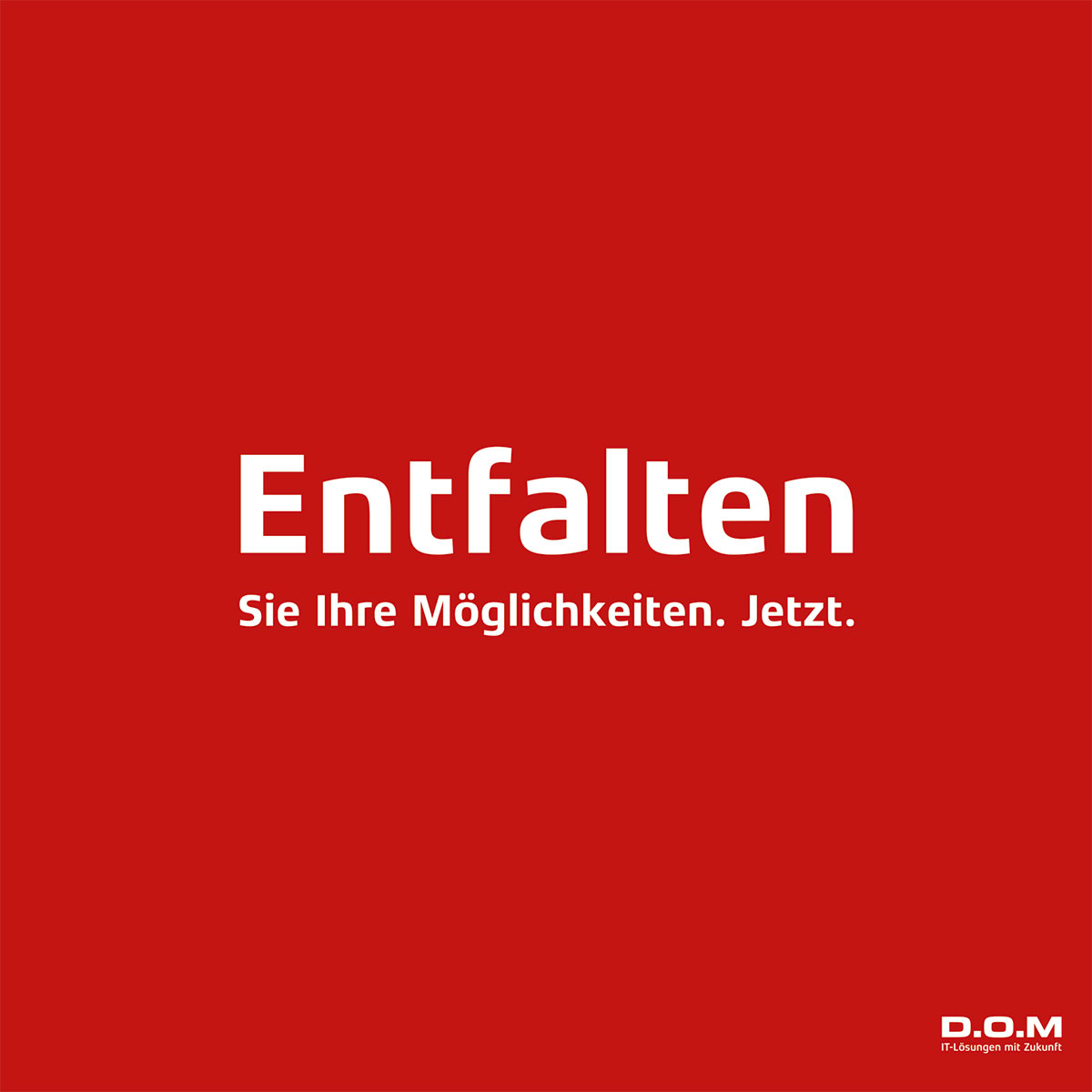 Teaser Quadrat verlinkt, Vorschau auf Post-Mailing Faltkarte D.O.M, weißes Logo auf rotem Hintergrund