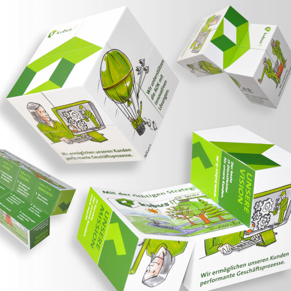 Teaser Quadrat verlinkt, Faltwürfel Unternehmensstrategie kubus IT mit Illustrationen, Funktion ähnlich wie Rubiks Magic, jede Zusammenstellung der Seiten zeigt eine bestimmte Strategie