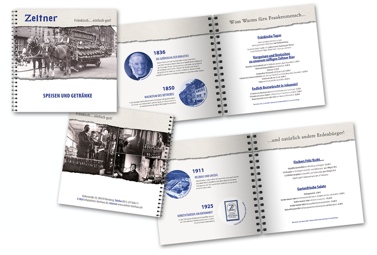 Speise-, Getränkekarte quadratisch, Titel historisches Brauereipferdegespann, Rückseite historische Brauereiszenen, zwei aufgeschlagene Innenseiten