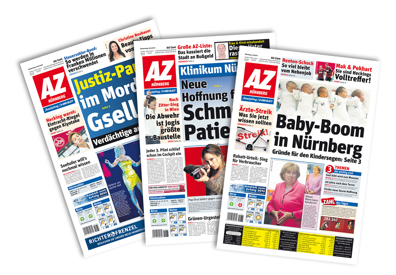 Drei Titel von Ausgaben der Abendzeitung Nürnberg