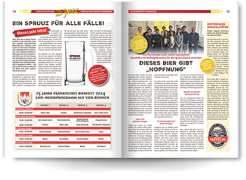 Magazin Fränkisches Bierfest Doppelseite Innenteil mit Brauereiartikeln und Musikprogramm aufgeschlagen