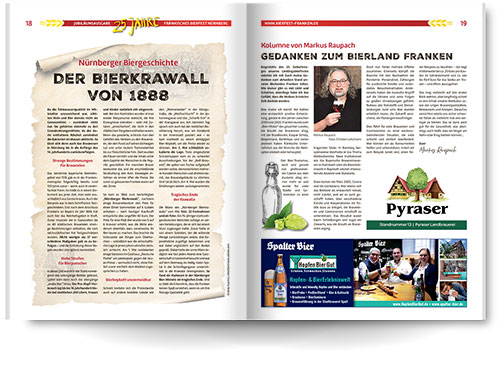Magazin Fränkisches Bierfest Doppelseite Innenteil mit Brauereiartikeln und historischem Artikel aufgeschlagen