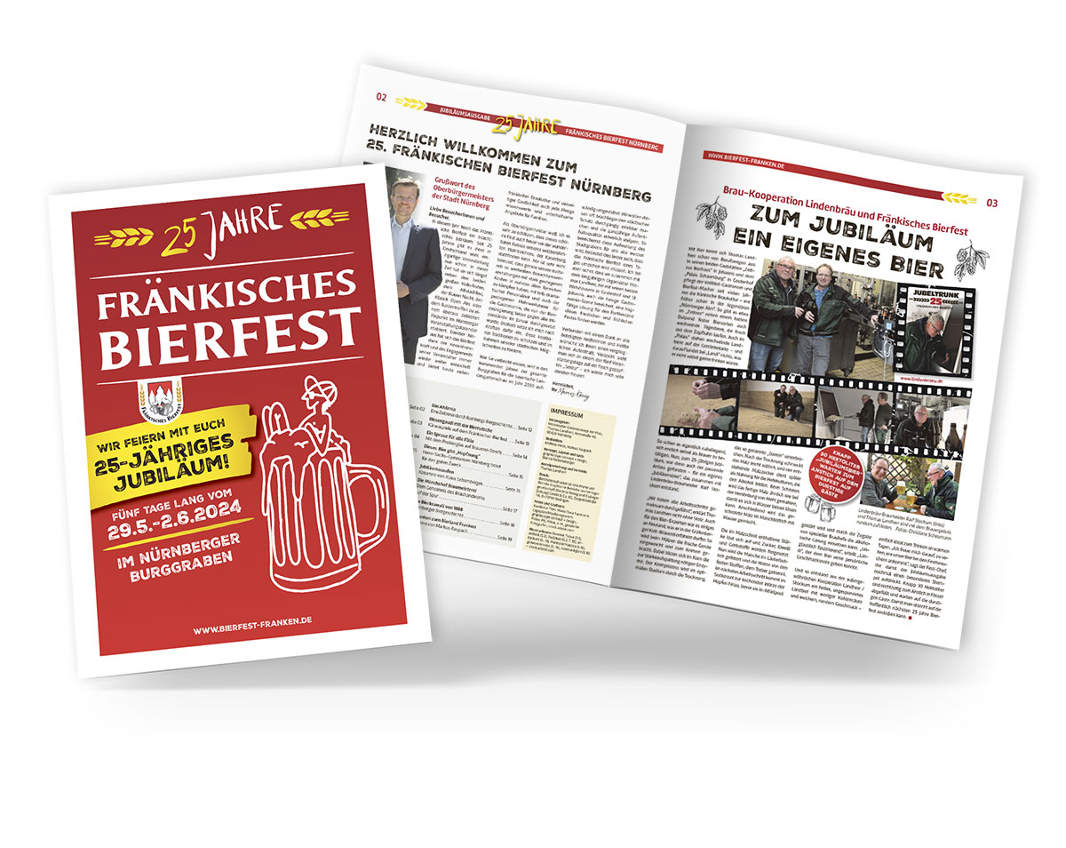 Titel Magazin Fränkisches Bierfest geschlossen im Vordergrund, dahinter schräg Doppelseite Innenteil mit Brauereiartikeln aufgeschlagen