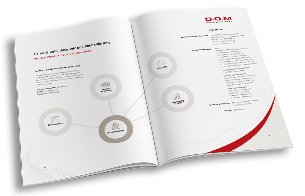 D.O.M Unternehmensbroschüre Doppelseite Innenteil aufgeklappt