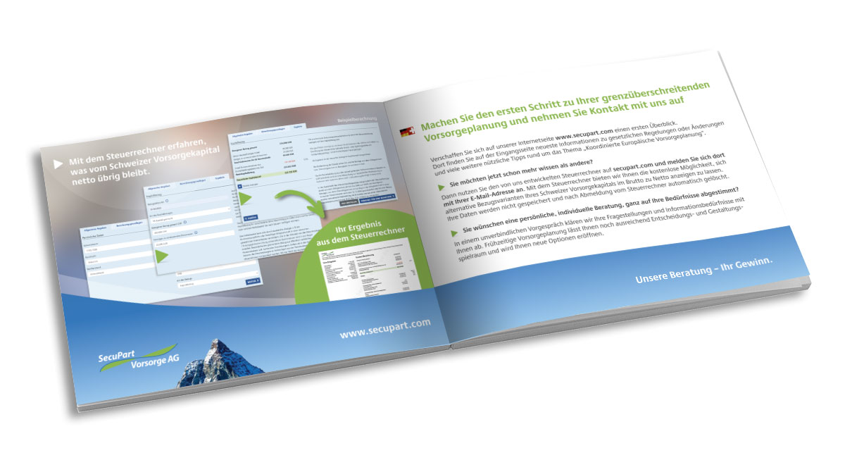 Secupart Vorsorge AG Broschüre Doppelseite Innenteil aufgeschlagen, Mockup schräg, links Motiv/Grafik, rechts Textinhalte
