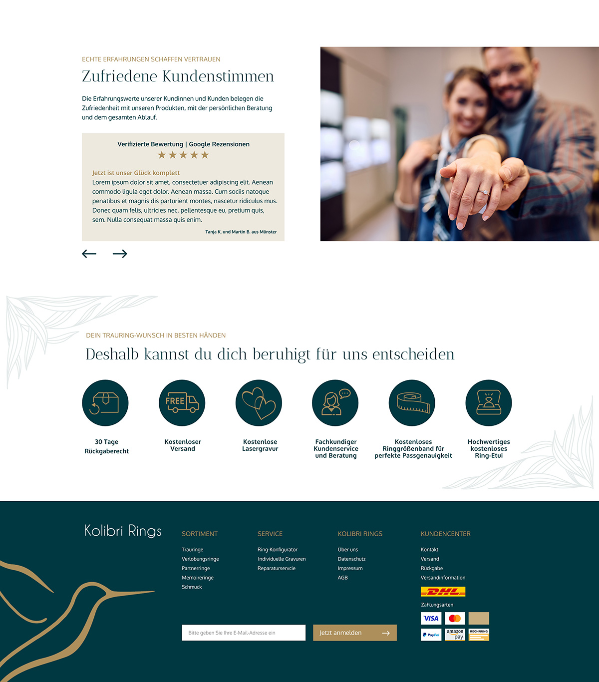 Fortsetzung Referenz Startseite Onlineshop Kolibri Rings; Kundenstimmen, glückliches Paar zeigt Trauring; USPs: goldene Icons in Kreisen schwarzgrünen; Farben: Hintergrund weiß, Fläche beige, florale Ornamente, goldfarbene Akzente; Footer