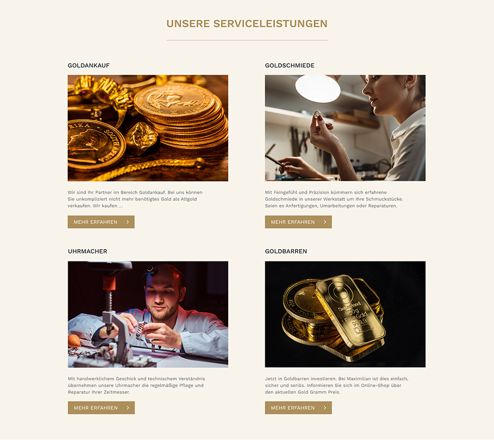Serviceleistungen Maximilian; Arrangement von Münzen und Schmuck für Goldankauf; Frau bei der Bearbeitung eines Ringes für Goldschmiede; Uhrmacher beim Reparieren einer Uhr; Stapel Goldbarren