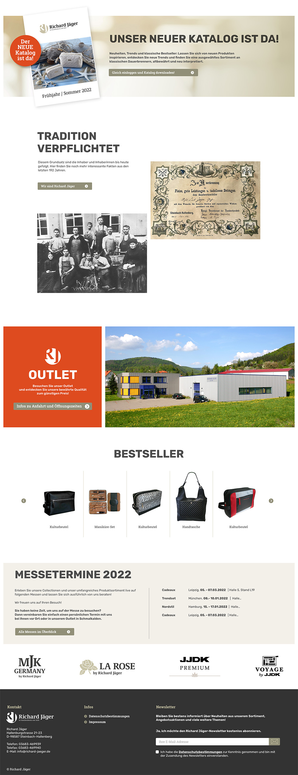 Referenz Startseite Onlineshop Richard Jäger; Firmenhistorie, Downlod neuer Katalog, Link Outlet-Banner; Produktsllider Bestseller, Messetermine, Slider Markenlogos; Hintergrund weiß, Akzentfarbe Dunkelorange, Footer Grauschwarz.