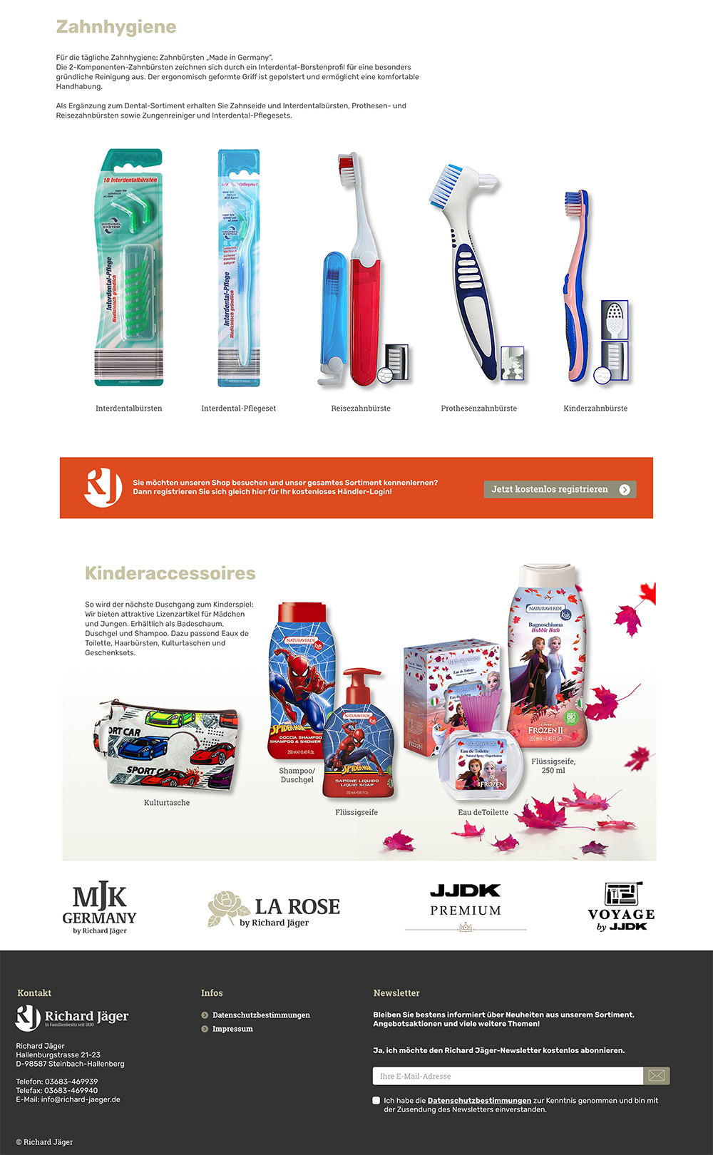 Referenz Seite Produktwelten Onlineshop Richard Jäger; Zahnhygiene, Bad-Kinderaccessoires; Composings Zahnbürsten, Kinderaccessoires; Hintergrund weiß, Verläufe beige zu transparent, Akzentfarbe Dunkelorange; Footer Grauschwarz.