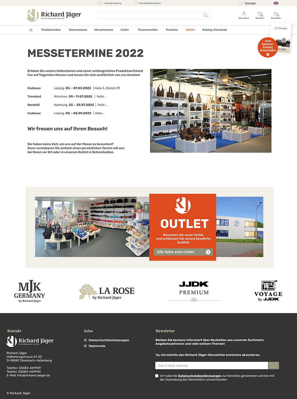 Referenz Seite Messetermine Onlineshop Richard Jäger; Link Outlet-Banner; Slider Markenlogos; Hintergrund weiß, Akzentfarbe Dunkelorange; Footer Grauschwarz.