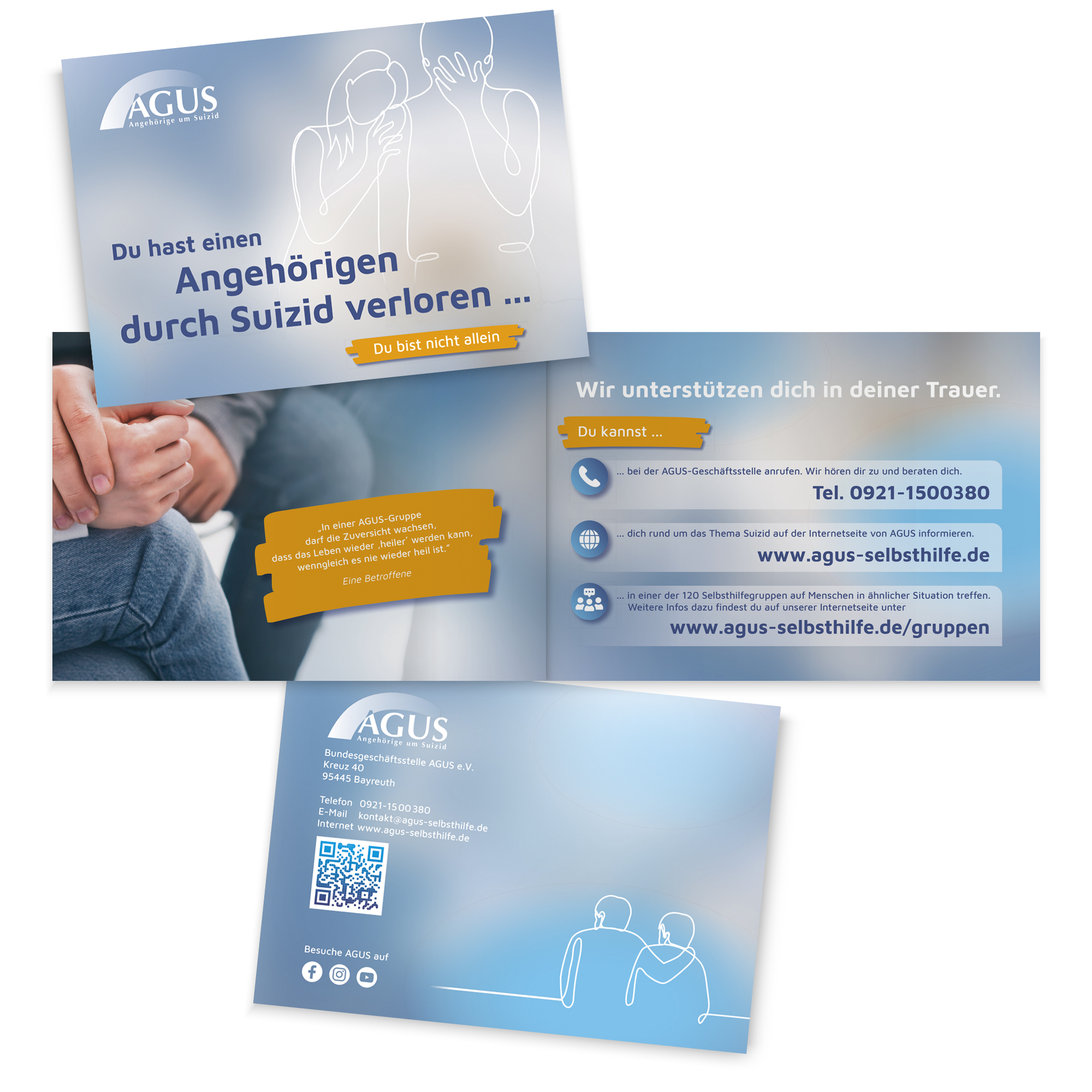 4-seitiger Flyer in Blautönen mit orangenen Akzenten, Titel, Innenteil und Rückseite, mit Kontaktdaten zur Trauerunterstützung