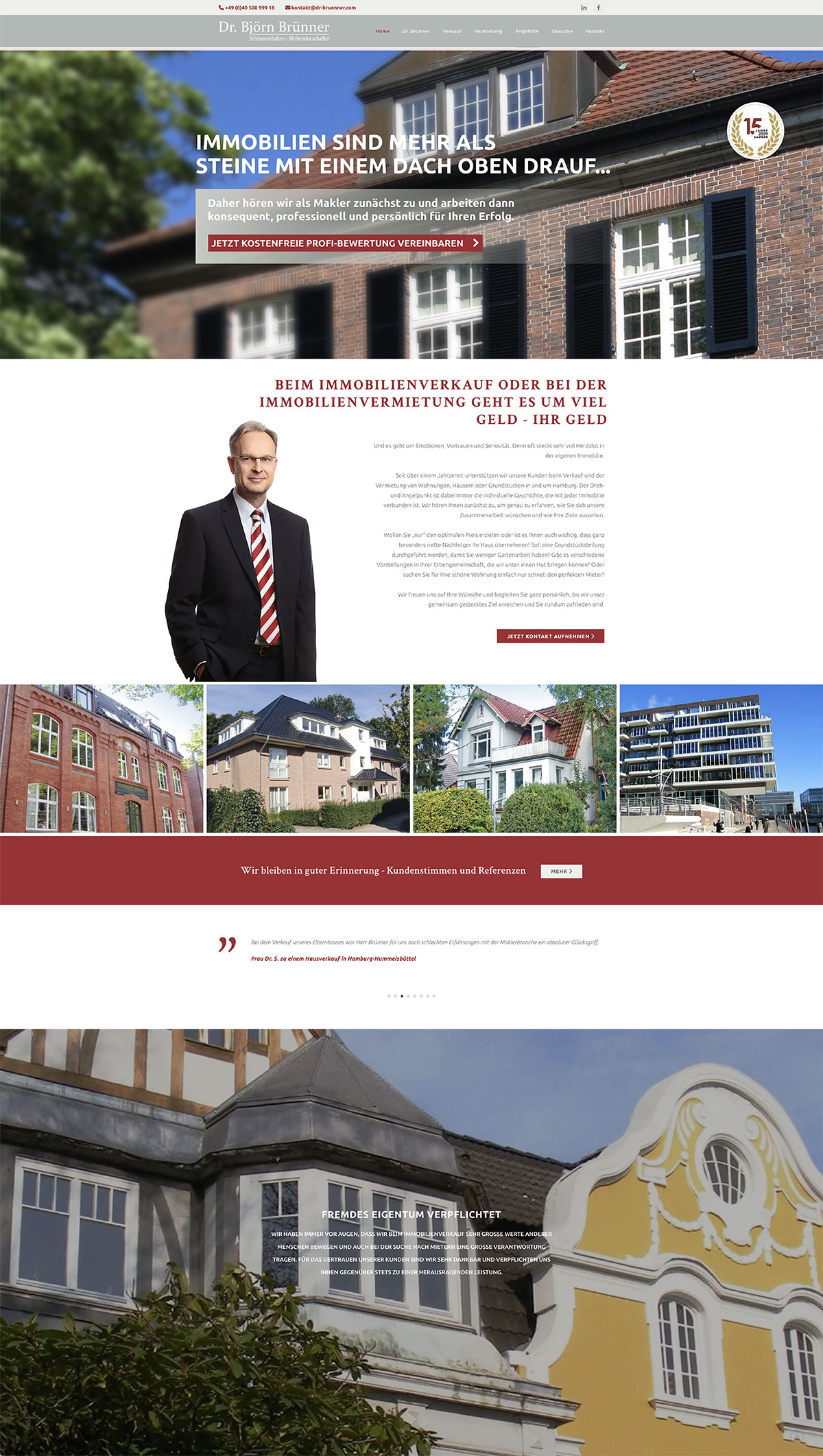 Startseite Internetauftritt Dr. Brünner Immobilien: Slider mit CTA-Button, Content Immobiliennmotive, Einleitung Dr. Brünner; Farben Weiß, Weinrot, Hell- und Mittelgrau