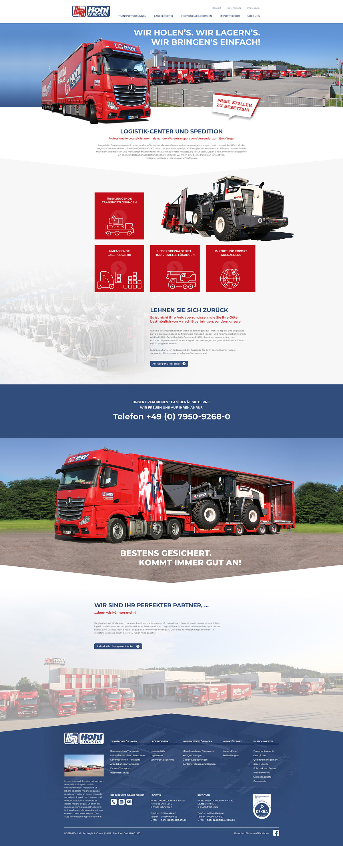 Startseite Internetauftritt Hohl Spedition; Slider mit großem rotem Lastwagen und Speditionsgebäude mit Fuhrpark; Leistungsangebot; Footer