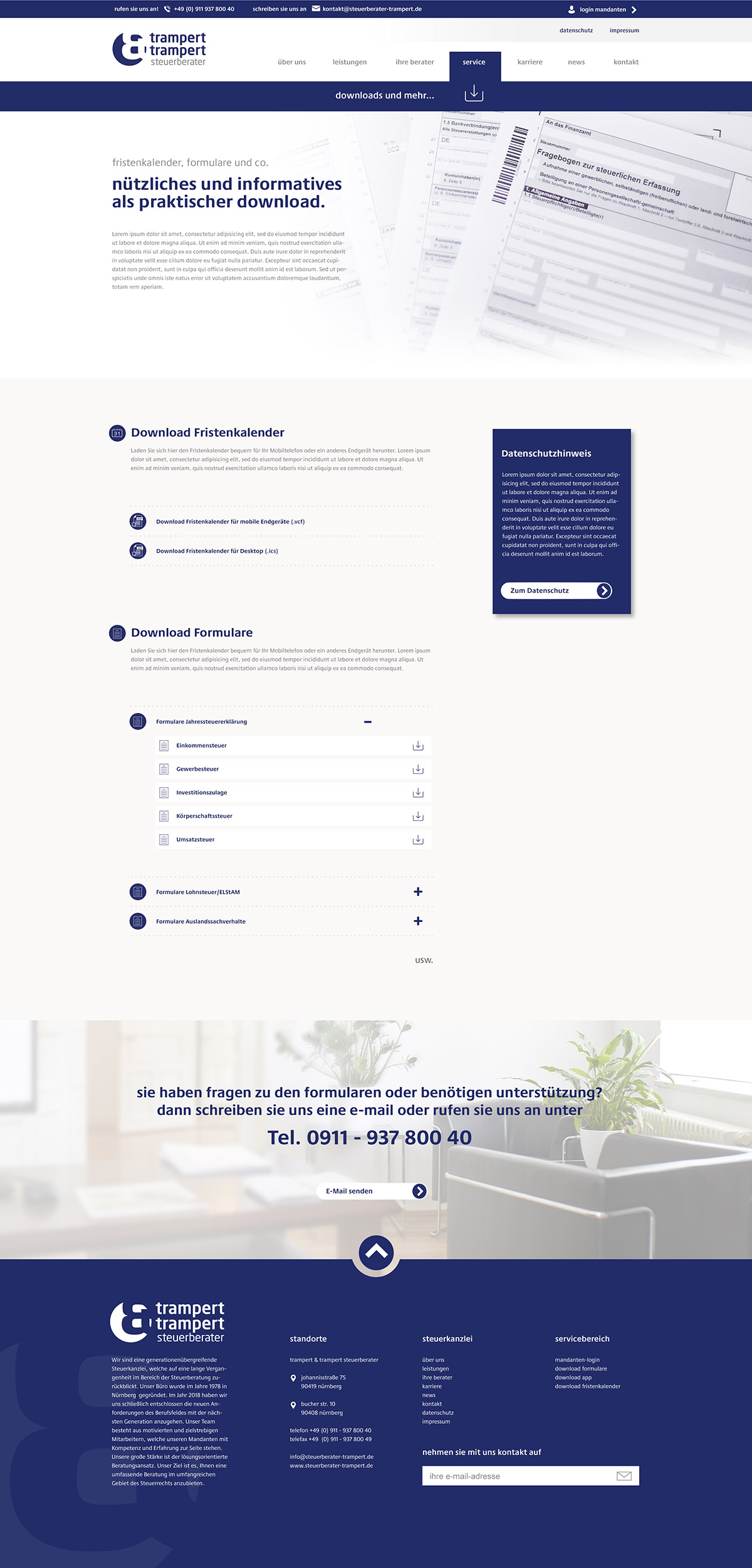 Seite Downloadbereich Internetauftritt trampert & trampert steuerberater; Footer